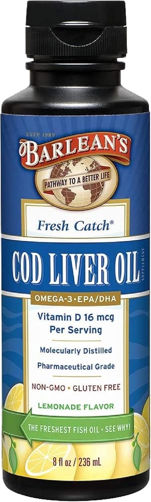 Barlean's Cod Liver Complement Liquid Oil, Omega 3 Fish Oil avec 900mg EPA et DHA Plus Vitamine D, Suppléments pour le soutien de la santé articulaire, du cerveau et du coeur, Lemonade Flavor, 8 oz