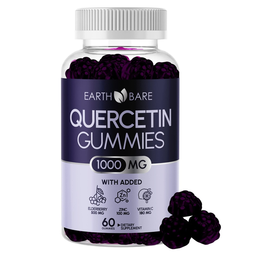 Gummies Quercetin avec Elderberry, Zinc & Vitamine C – Supplément de soutien immunitaire – Antioxydant et bien-être saisonnier – Vegan, non-OGM, saveur naturelle de baies – 60 Gummies