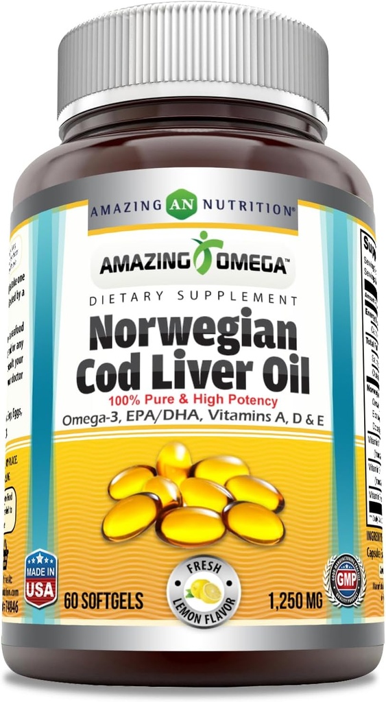Erstaunlich Omega Norwegian Cod Liver Oil 1250 Mg Softgels Ergänzung | Omega-3, EPA, DHA, Vitamin A, Vitamin D & Vitamin E (Lemon | 60 Count)