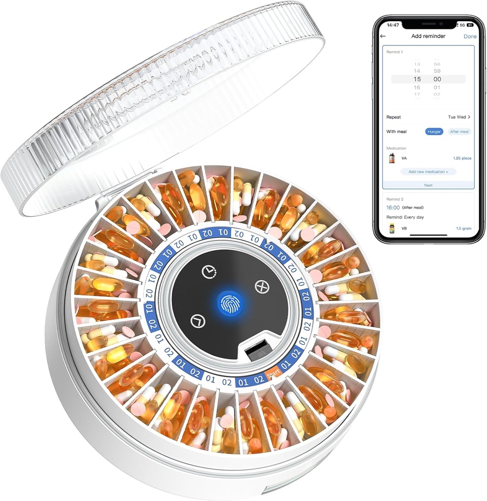 Zoksi Premium 31-Slot Automatische Pillenspender mit Fingerabdruck & Schlüsselschloss, Smart Medication Organizer mit Alarm & Licht, Elektronische Pille Organizer für Ältere & Vergessen