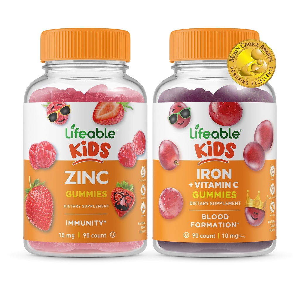 Zinc Lifeable Enfants + Fer et Vitamine C Enfants, Gommies Bundle - Grande dégustation, supplément de vitamine, sans gluten, sans OGM, gommy à croquer