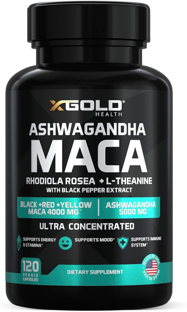 Ashwagandha 5 000mg + Maca Root Black, Red, Yellow 4 000mg, Rhodiola & L-Theanine: 30:1 Extrait Ashwagandha Capsules, 20:1 Extrait Maca Root Capsules - Supplément pour les hommes et les femmes