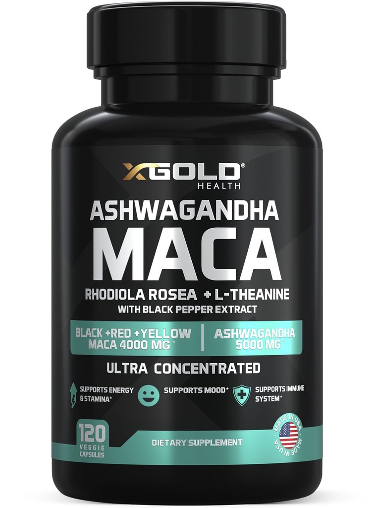 Ashwagandha 5.000mg + Maca Root Schwarz, Rot, Gelb 4.000mg, Rhodiola & L-Theanin: 30:1 Extrakt Ashwagandha Kapseln, 20:1 Extrakt Maca Root Kapseln - Beilage für Männer und Frauen
