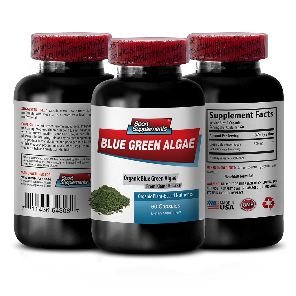 Reine Kräuter-Ergänzung - Klamath Blue Green Algae 500mg - Erhöhung der Energieniveaus, Verbesserung der Verdauung und Verbesserung Immunsystem, Spirulina, Chlorella, Klamath Blue Green Algae Powder - 1B 60 Kapseln