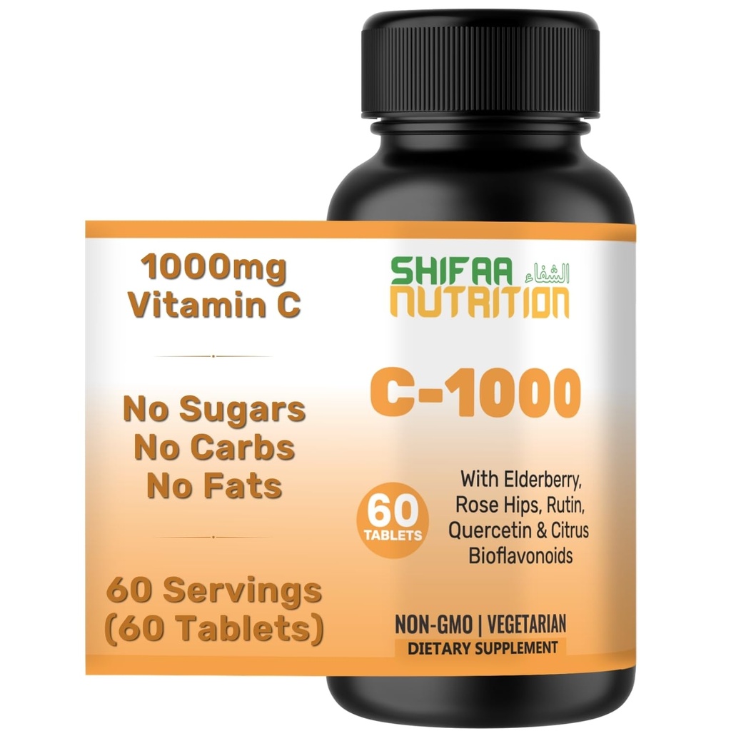 SHIFAA NUTRITION Vitamine halale C-1000mg Comprimés, 60 jours d'approvisionnement. Supplément de soutien immunitaire avec vitamine C, Elderberry, Quercetin, Rose HIPS & Rutin. Végétarien, Non-OGM, Sans sucre et Keto Friendly