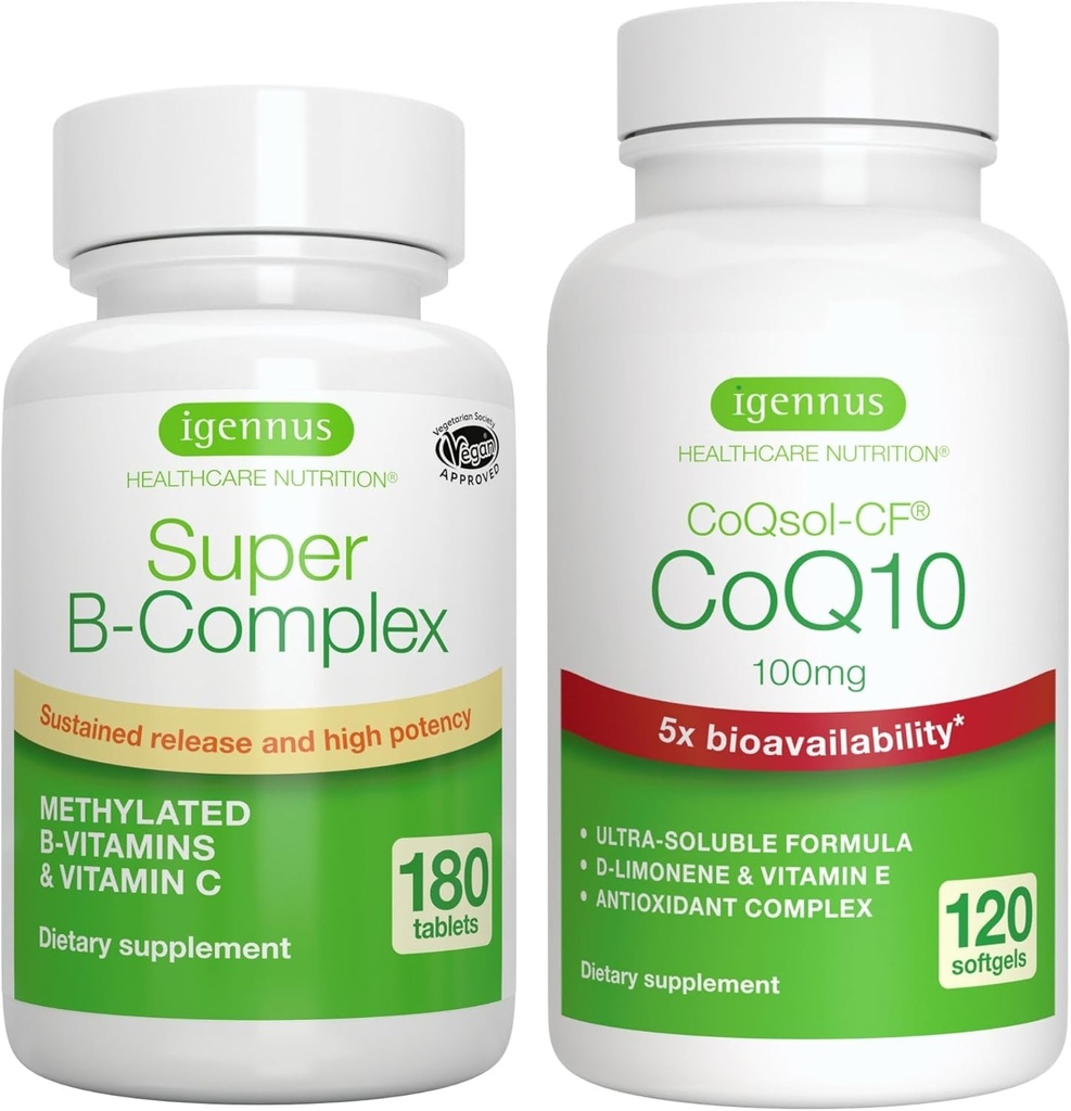 Super B-Complex 180 Tabletten + High Absorption CoQ10 100mg 120 Softgels Energy Bundle, methyliert enthaltene erhaltene Freisetzung B Complex + CoQ10 mit Vitamin E & D-Limonen, von Igennus