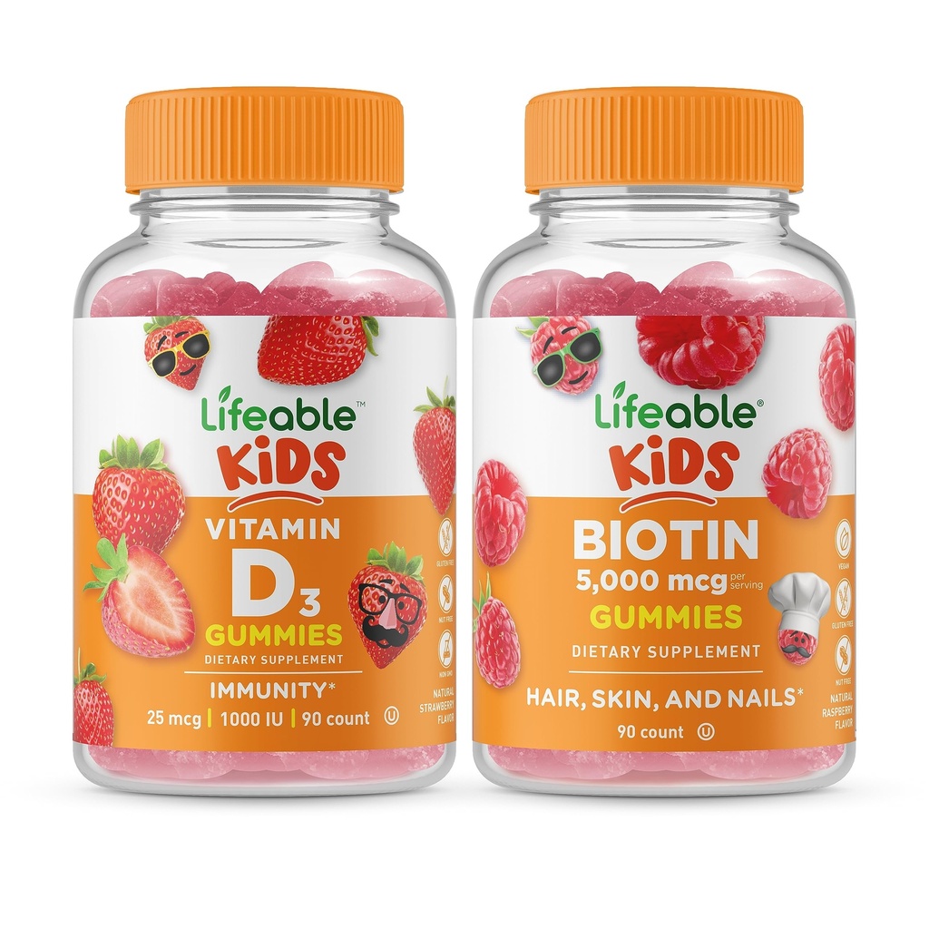 Lebensfähiges Vitamin D Kinder + Biotin Kinder, Gummie Bundle - Große Verkostung, Vitamin-Ergänzung, Glutenfrei, GMO frei, Kaugummi
