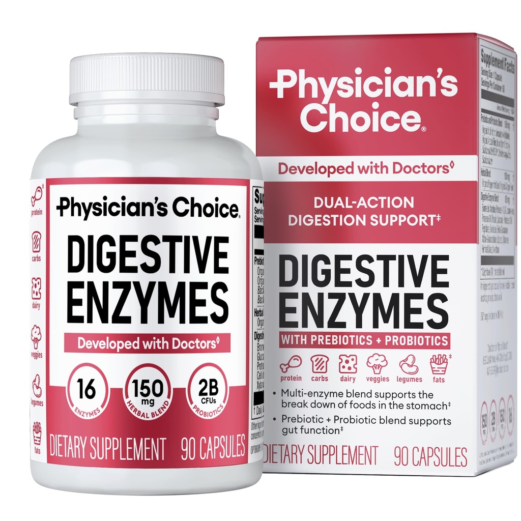 Physicians CHOICE Verdauungsenzyme für Bloating & Digestion - 16 Enzyme mit Bio-Präbiotika & Probiotika für Gut & Verdauungs-Gesundheit - Meal Time Discomfort Relief - Dual Action Support - 90 CT