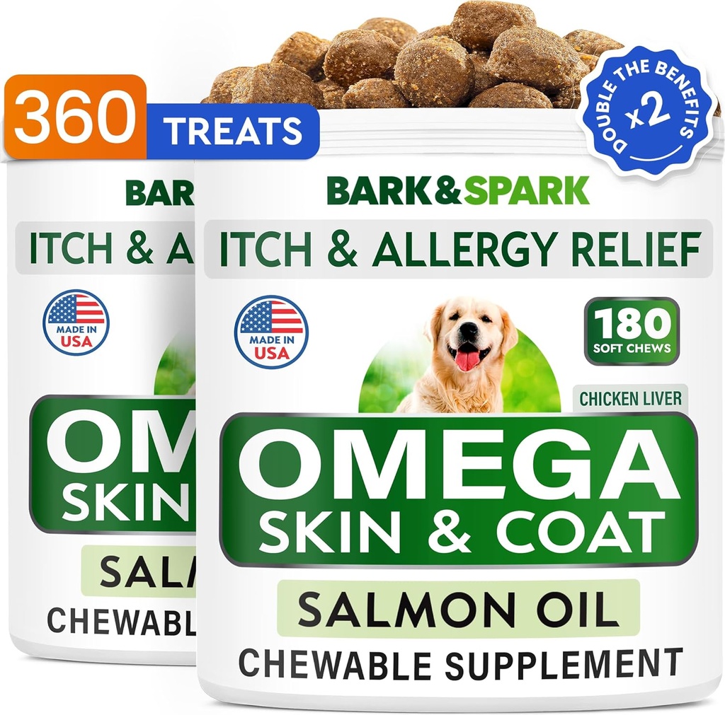 BARK&SPARK (Pack mit 2 Omega 3 für Hunde - 360 Fish Oil Chews for Dog Shedding, Skin Allergy, Itch Relief, Hot Spots Behandlung - Joint Health - Skin & Coat Supplement - EPA&DHA Fettsäuren