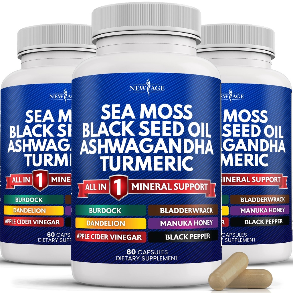 NEU AGE Silica Sea Moss, Black Seed Oil, Ashwagandha, Turmeric, Bladderwrack, Burdock - mit Manuka, Honey Dandelion, ACV Black Pepper Gluten Free