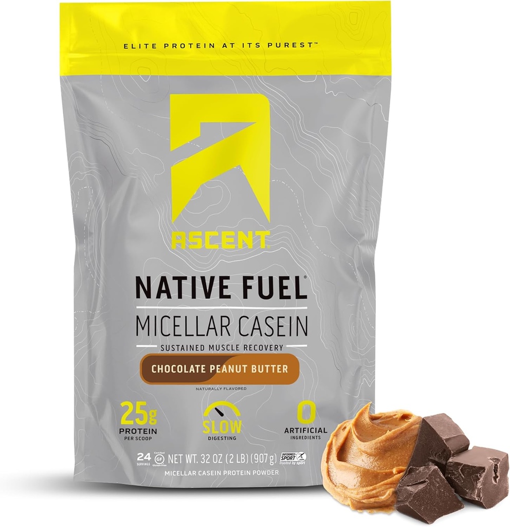 Ascence de poudre de protéines de caséine - 25g de poudre de caséine micellaire avec zéro aromatisants et édulcorants artificiels, sans gluten, sans sucre ajouté, 4,9g BCAA, 2,2g Leucine - beurre d'arachide au chocolat, 2 livres