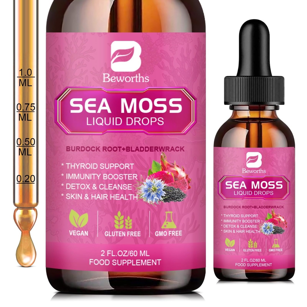 Gouttes liquides de mousse de mer - Huile de graines noires organiques Gel de mousse de mer d'Irlande avec racine de lard, bladderwrack, Elderberry, vitamine C, D3, 6X Gel plus fort pour la peau digestive, santé des cheveux - Vegan
