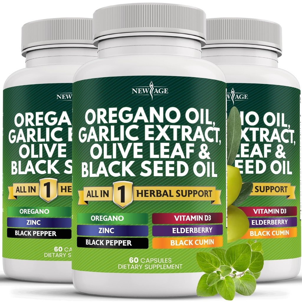 NEW AGE Oregano Oil Garlic Extract Olive Leaf with Astragalus - Supplement for Women and Men - 180 Count