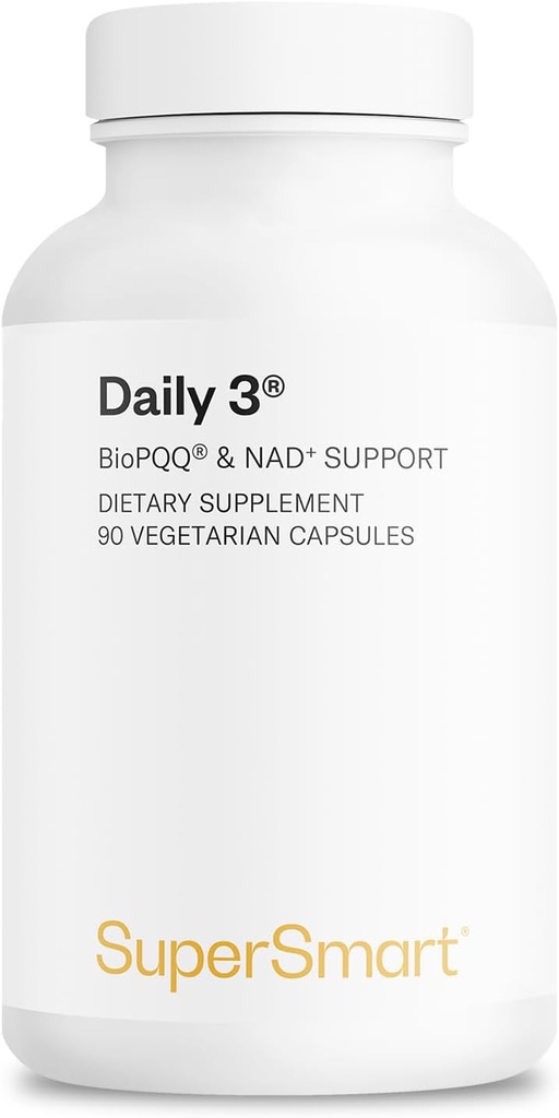Supersmart Daily3 + Bio PQQ (All-in-One Formula) - Multivitamin für Damen und Herren - 45 Essential Nährstoffe | Non-GMO & Gluten-Free | 1 Monat Versorgung - 90 Vegetarische Kapseln