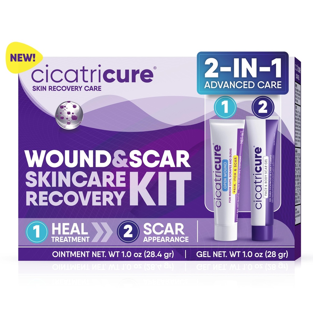 Cicatricure Kit de récupération de la peau : Gel de cicatrice avancé et soins de la plaie ouverte Onguent antibiotique, réduit les marques stretch, les cicatrices chirurgicales et d'acné, traite les coupures et les brûlures, 1 oz chacun - pour les adultes et les enfants