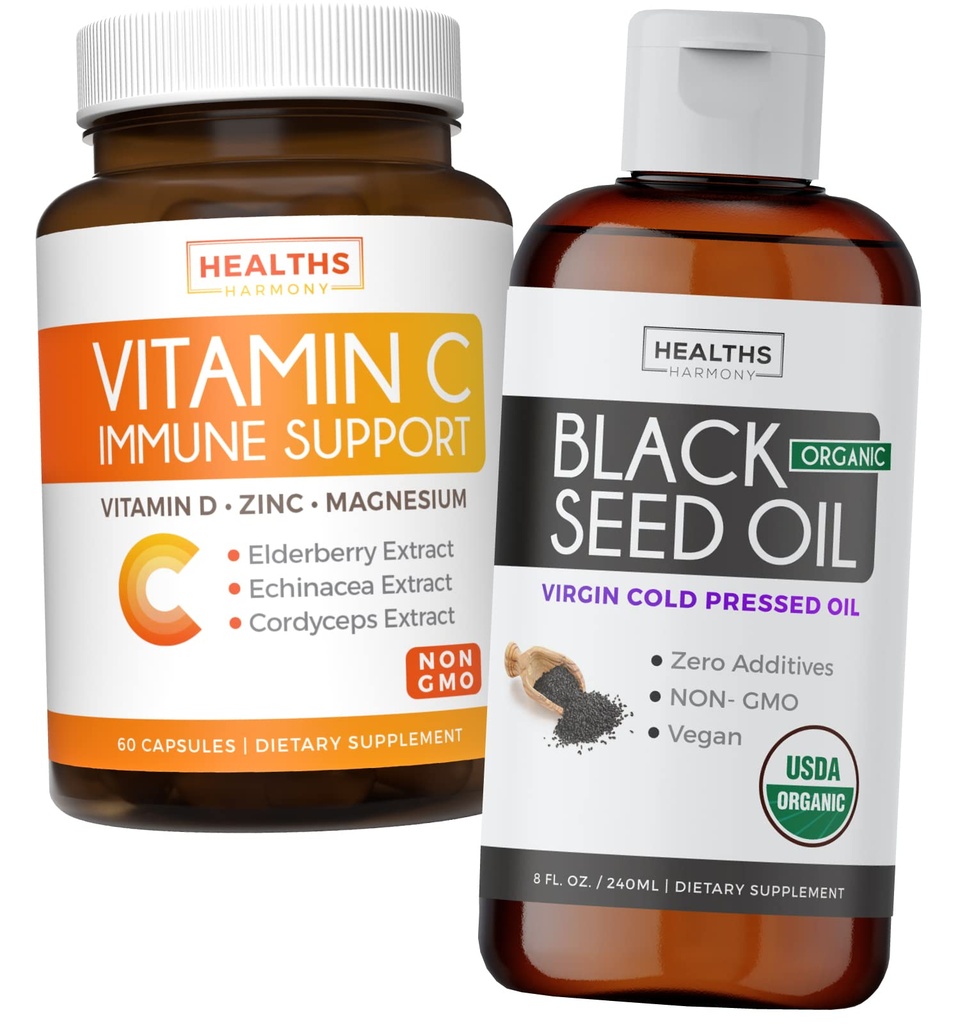 Bundle of Black Seed Oil Liquid & Vitamin C - Immun Fusion Booster Pack - Organic Black Seed Oil Liquid (8fl oz) Premium Cold-Pressed Nigella Sativa & Vitamin C Immune Support (Non-GMO)(60 Kapseln)