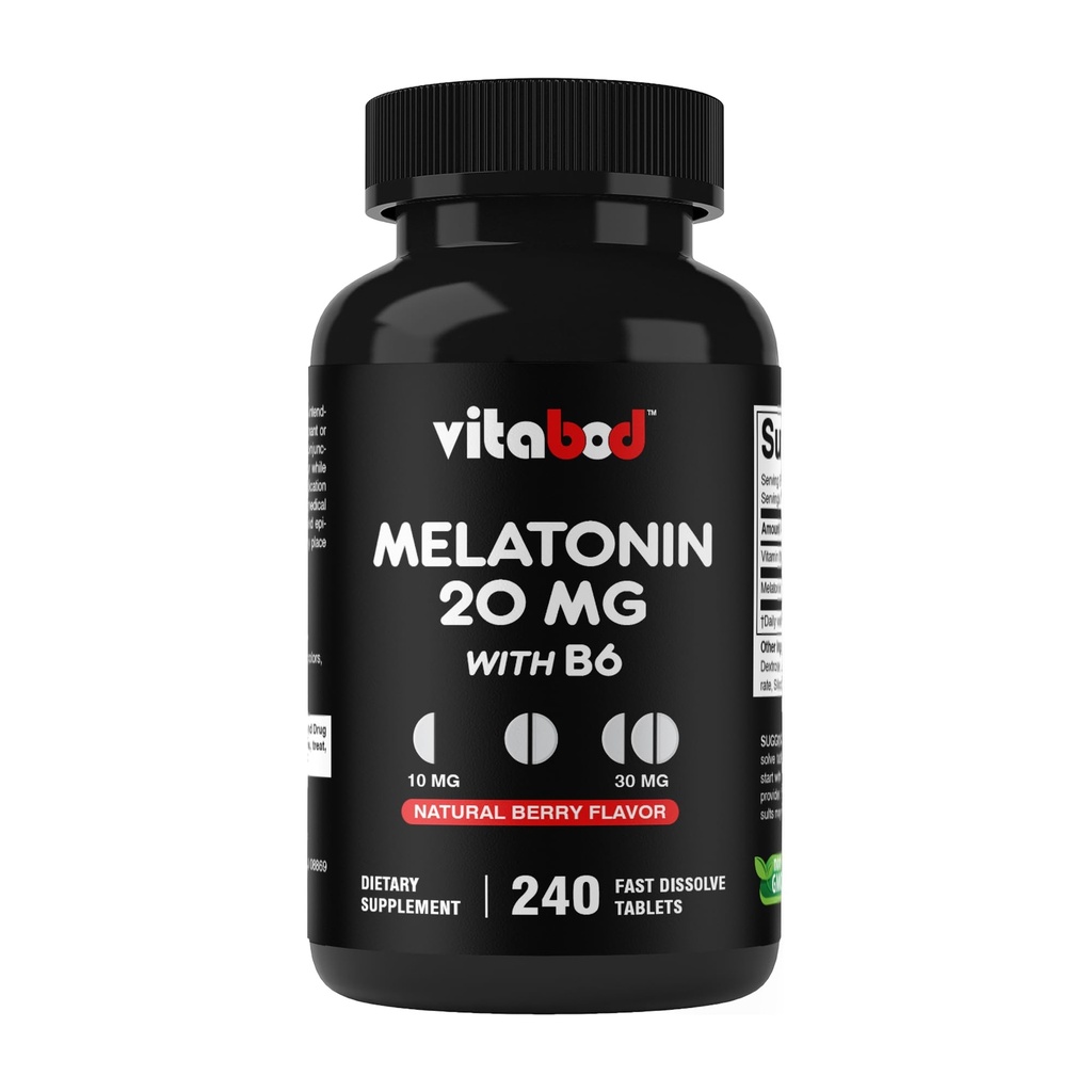 Vitabod Melatonin 20 mg - 240 Fast Dissolve Tablets - Drug Free - Natural Berry Flavor - Vegetarian, Non-GMO, Gluten Free 240 Count (Pack of 1) (240 Count (Pack of 1))