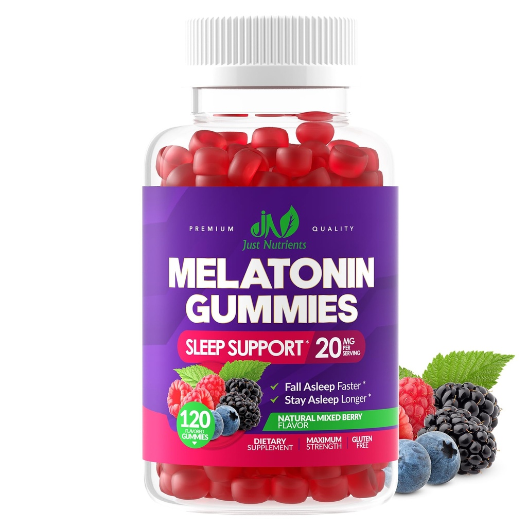 Melatonine 20mg Gummies (120 Nombre) - maximum de force de sommeil pour les adultes avec 10mg de Melatonine par Gummy - sans gluten, non-OGM, végétarien, grande dégustation de saveur de baie mixte - 60 portions