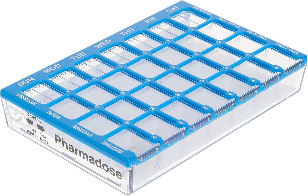 Ezy Dose Weekly (7-Day) Pille Case, Medizin Planner, Vitamin Organizer Box, Kleine Komponenten mit Easy Fill Tray, 4 Mal am Tag, Klare Lids, Farbe Mai Vary, BPA kostenlos