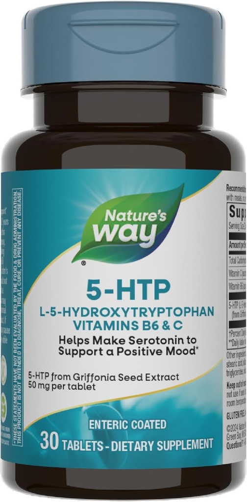 Nature's Way 5-HTP, L-5-Hydroxytryptophane, aide à faire de la sérotonine pour promouvoir une perspective positive*, vitamine B6, vitamine C, extrait de haricots Griffonia, 30 comprimés (paquetage mai Vary)