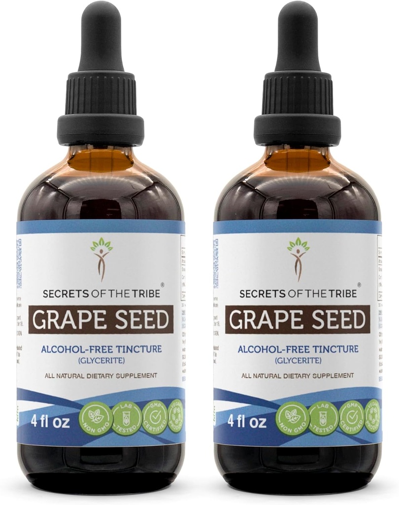 Secrets de la teinture de graines de raisins de Tribe Extrait liquide sans alcool, raisin (Vitis Vinifera) Semences séchées (2x4 FL OZ)