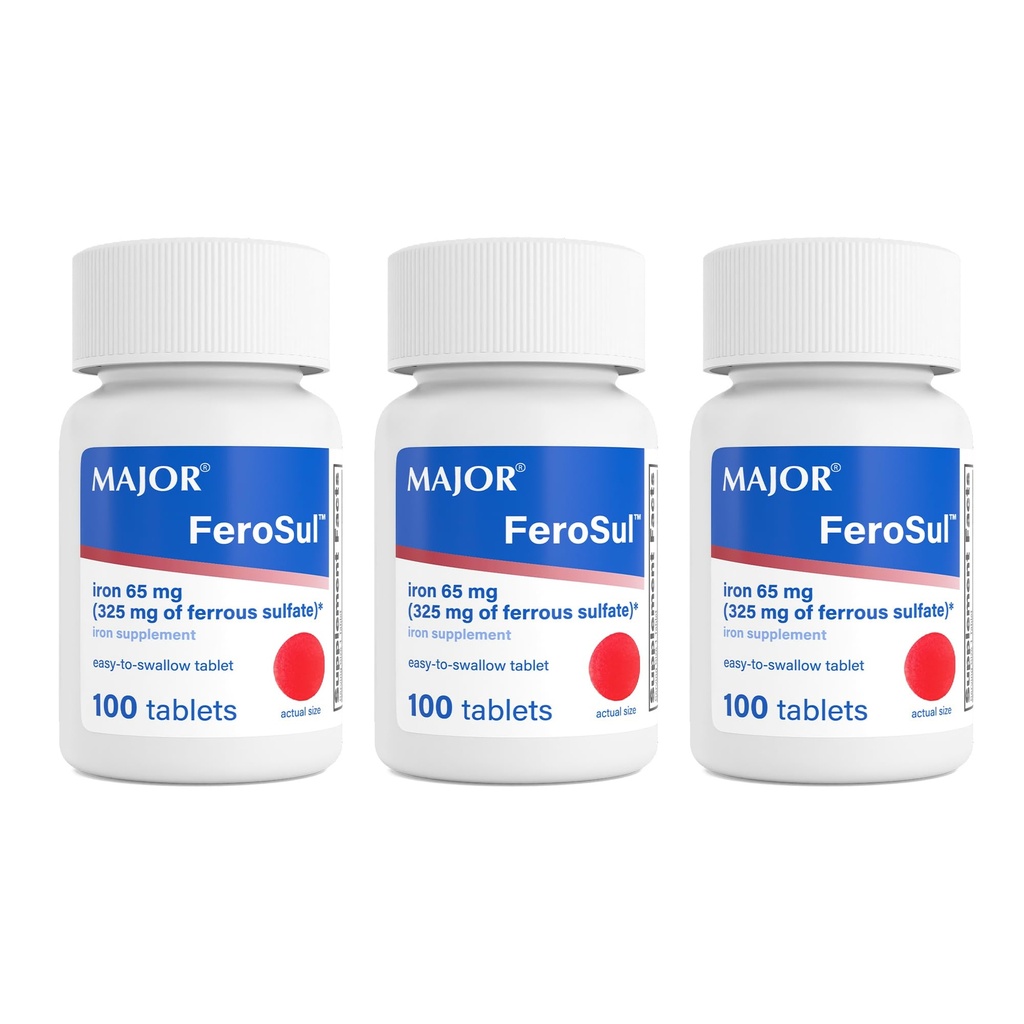 MAJOR Ferosul - Eisensulfat 325mg Tabletten mit 65mg elementarem Eisen - Eisen Beilage für Damen, Herren - Rot - 100 Tabletten (3 Packung)