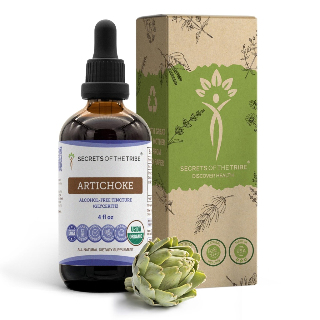 Secrets de l'artichaut de Tribe USDA Organic (extrait sans alcool, gouttes à base de plantes de haute puissance) Fabriqué à partir d'artichaut biologique 100% certifié (Cynara scolymus) Feuille séchée 4 oz