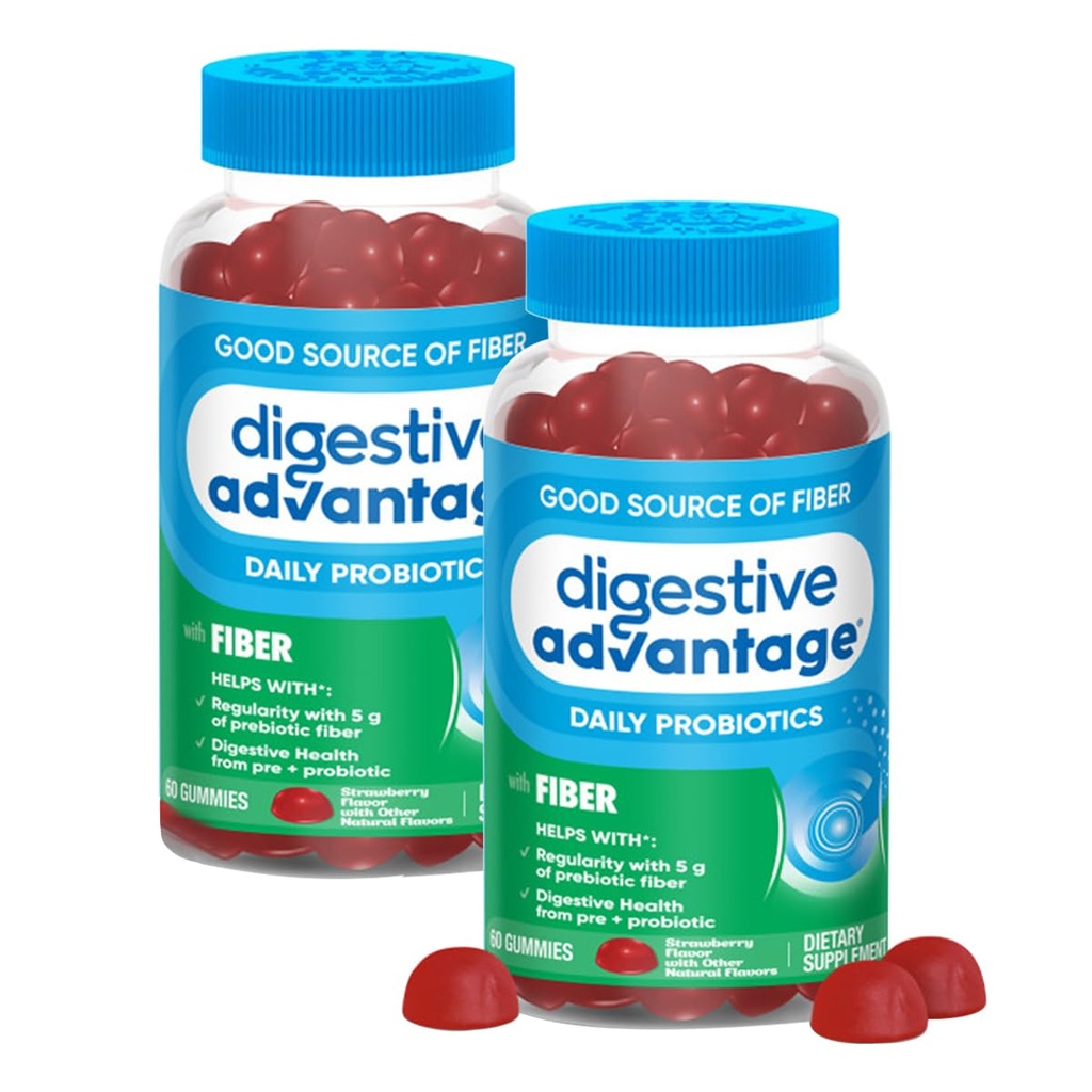 Avantage digestif Supplément de fibre prébiotique Gommies aux arômes de fraises avec probiotiques pour les femmes et les hommes Santé digestive, la régularité des adultes et la santé des gourdes, 60 Compte (2 Pack)