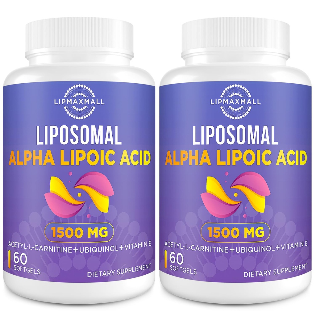Liposomale Alpha Lipoic Acid 1500mg - mit Acetyl-L-Carnitin 900mg & Ubiquinol 100mg & Vitamin E 15mg,ALA Ergänzung für Antioxidantien Glucose Metabolism Nerve Energy,60 Softgel (2 Flasche)