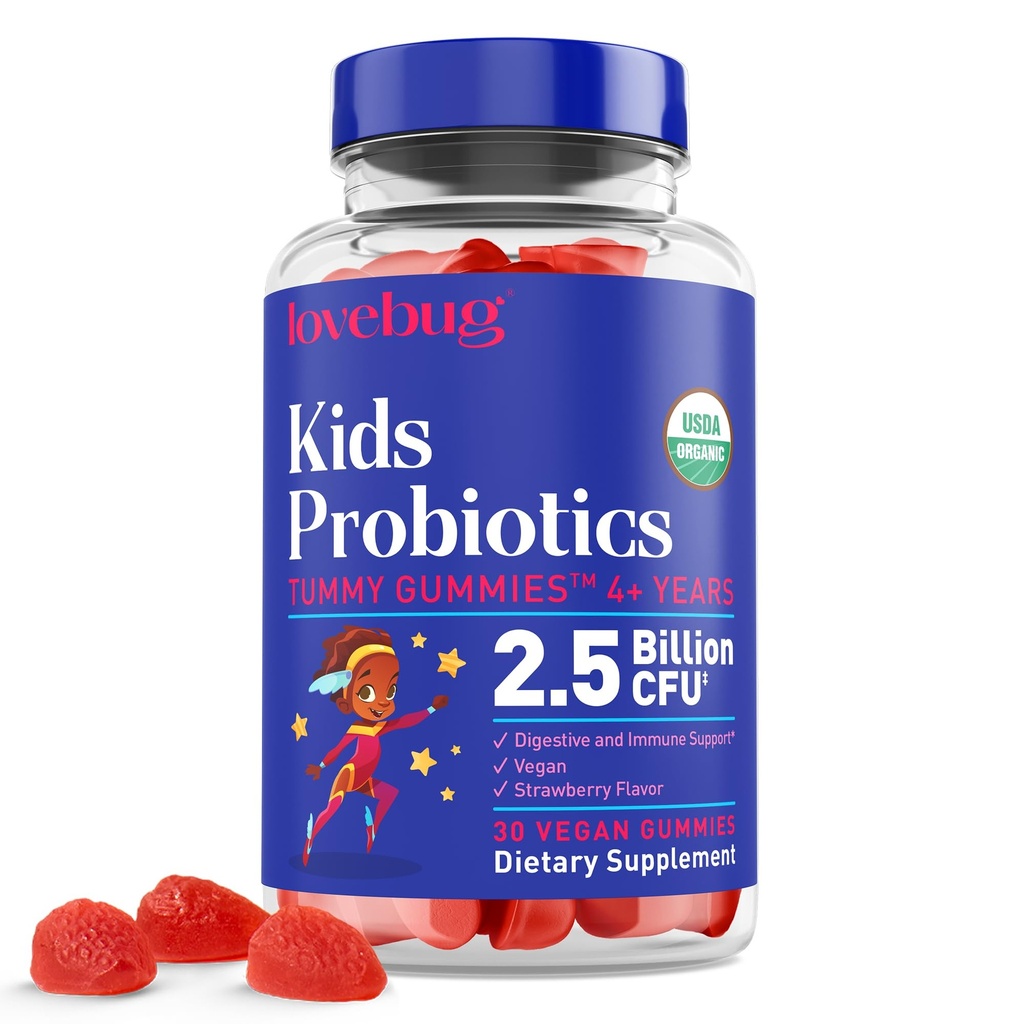 MOVEBUG Enfants Probiotiques Gommies – Probiotiques bio à croquer pour les enfants âgés de 4 ans et plus, enfants à base de sol, Probiotiques pour la santé des Gouts,Constipation,Digestive & Immune Support, Vegan, 30 Chews, Fraise