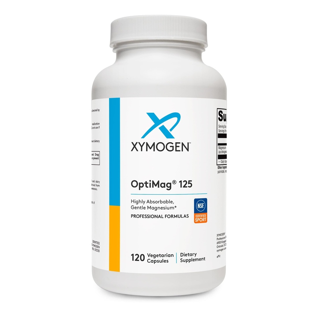 XYMOGEN OptiMag 125 - Magnesium-Ergänzung mit Di-Magnesium Malate & Glycinate Lysinate Nerve, Muskel, Knochen Gesundheit + Herzgesundheit (120 Kapseln)