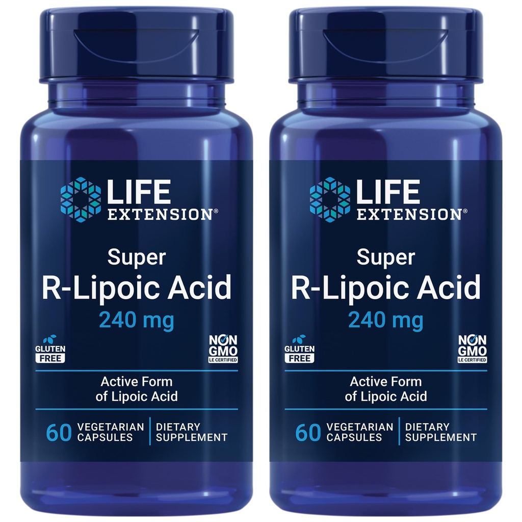 Extension de vie Super acide R-lipoïque – Vieillissement sain, défense contre le stress oxydatif – avec 240 mg de R-forme active de l'acide R-lipoïque – Sans gluten – Non-OGM – Végétarien – 60 Capsules (2 Pack)