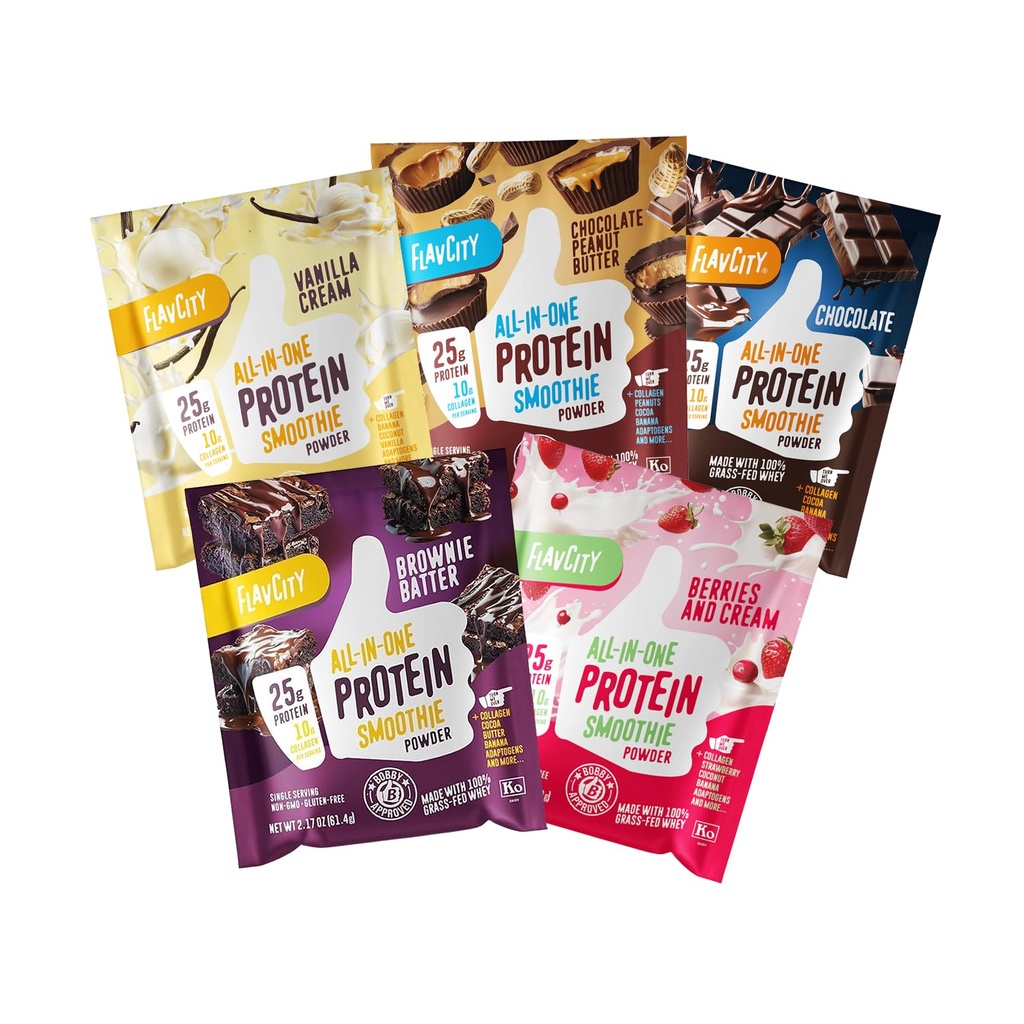 FlavCity All in One Protein Shake Powder Packets - On the Go Food Alternative + 25g Protéines et 10g Collagène, fait avec des champignons bio Reishi et Cordyceps - Pas de sucres ajoutés, variété 10 Pack
