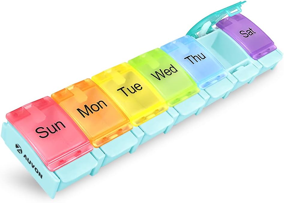 AUVON Wöchentliche Pille Organizer Arthritis Friendly, BPA Free Travel 7 Day Pill Box Case mit Spring Open Design und große Menge an Vitaminen, Cod Liver Öl, Ergänzungen und Medikamente zu halten