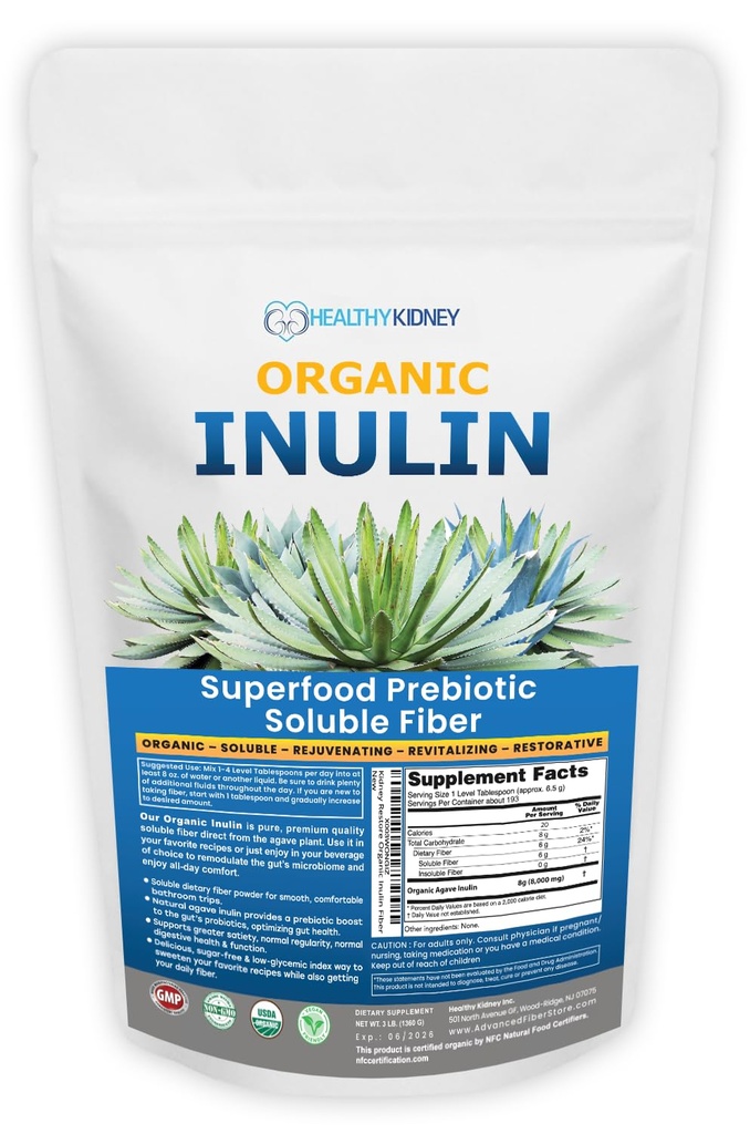 Poudre d'inuline organique (48oz/3 lbs) Complément de fibre soluble prébiotique d'agave doux pour le soutien digestif, santé Gut, cuisson végétalienne, smoothies et boissons