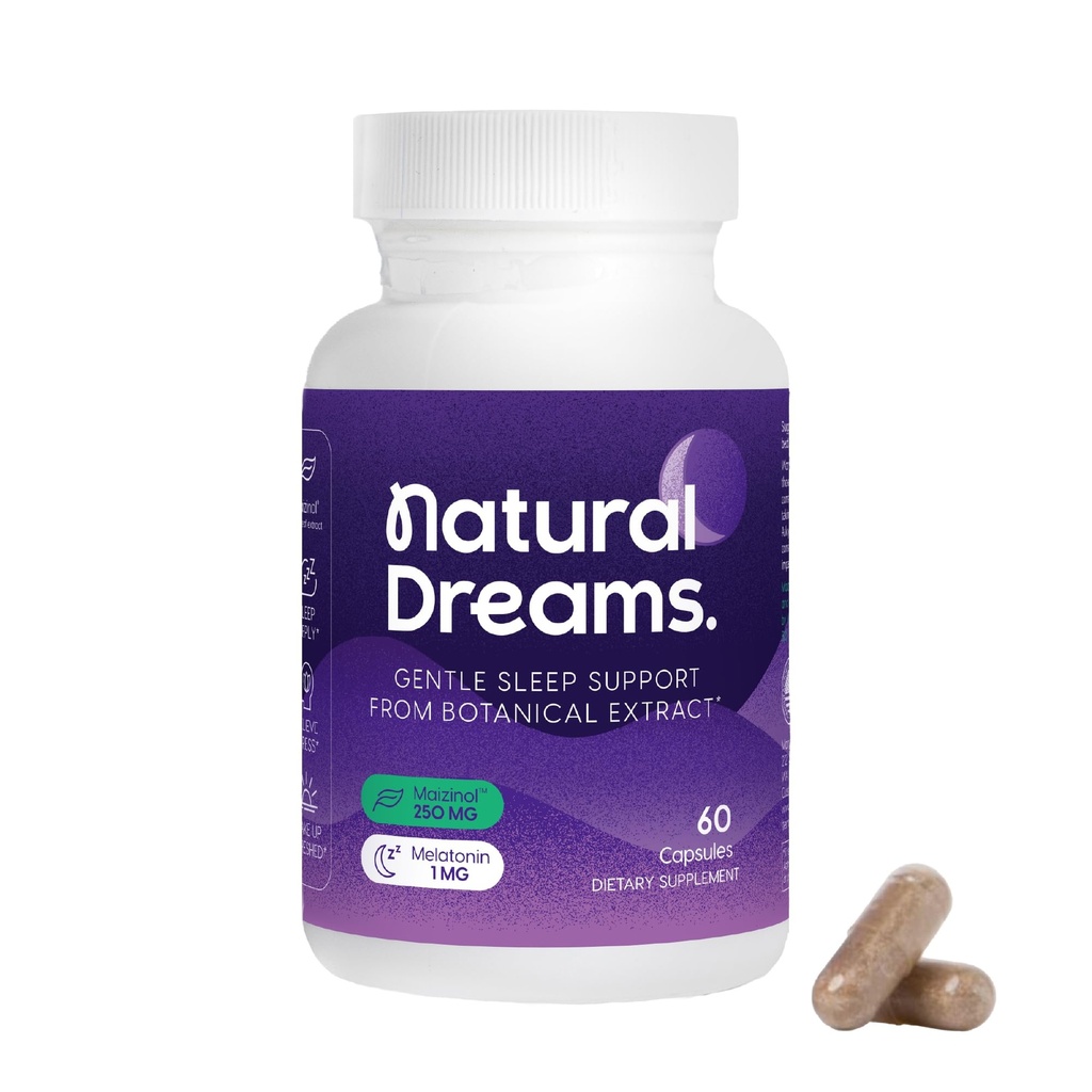 Univera 1mg Mélatonine, Rêves naturels, ingrédients botaniques et à base de plantes, soutien qualité du sommeil, rafraîchir le matin, 250mg Maizinol, aide au sommeil (60 capsules, 30 jours d'approvisionnement)