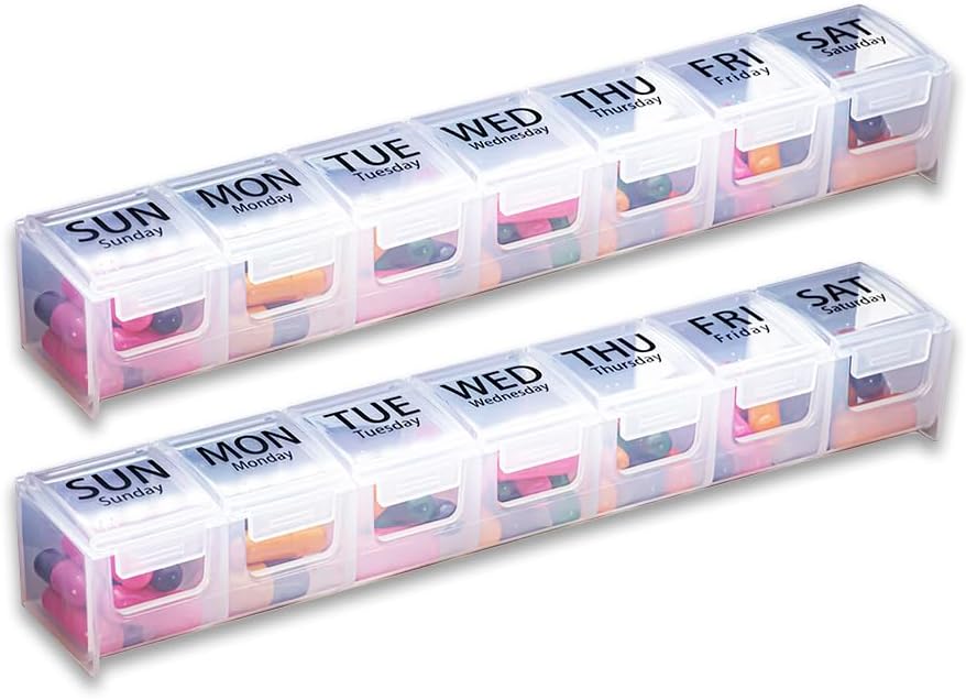 Organisateur hebdomadaire de pilules GMS - Cas de pilules de 7 jours pour suppléments, vitamines et médicaments - Latches sécurisées - Idéal pour une utilisation quotidienne et des voyages - Transparent - 2 paquets
