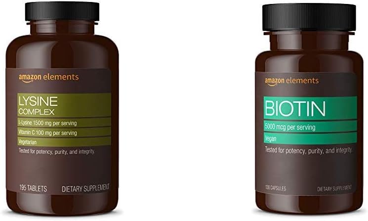 Elemente Lysin-Komplex mit Vitamin C (1500 mg L-Lysin mit 100 mg Vitamin C pro Servieren - 3 Tabletten), Unterstützt Immungesundheit, Vegetarisch, 195 Zählen (Verpackung kann variieren) und Elemente Vegan Biotin 5000 mcg - Haar, Haut, Nägel, 130 Kapseln (4 Monate Versorgung) (Verpackung kann variieren)