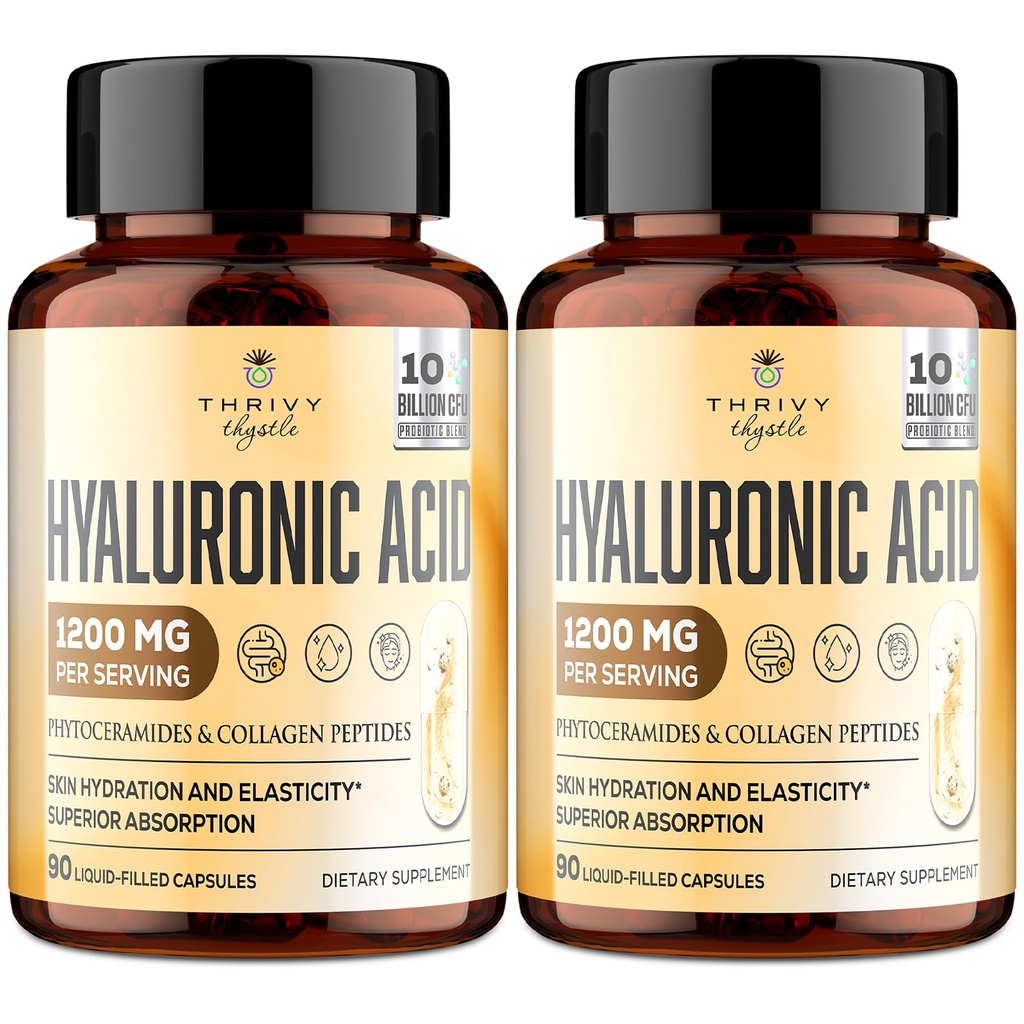 Capsules d'acide hyaluronique 19-en-1 - Acide hylunarique 1200 mg, avec Peptides de collagène, Vitamine C, Phytocéramides - pour la peau, les yeux, gastro-intestinal, Bones Support (2 Pack)