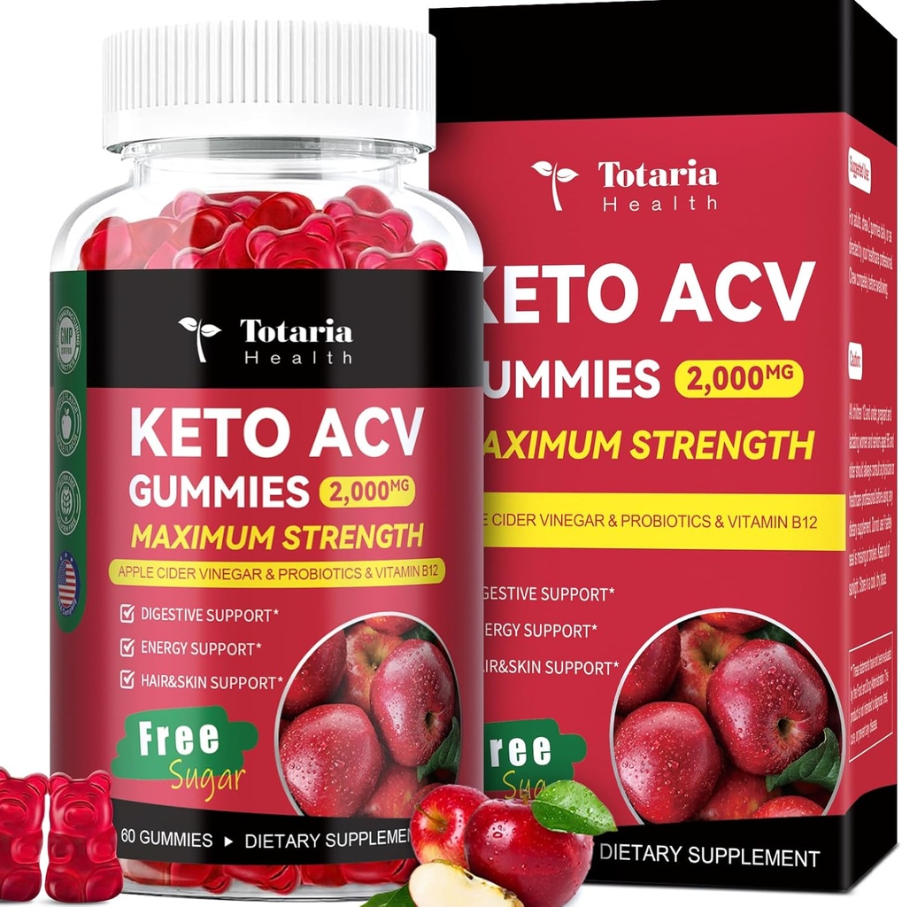 Totaria Keto ACV Gummies - 2000mg Apfel Apfel Apfel Apfelegar Gummie Zuckerfreie Unterstützung Stature Gesundheit mit Probiotics, B12, Keto Ergänzungen für Frauen & Männer, 60 Zähler
