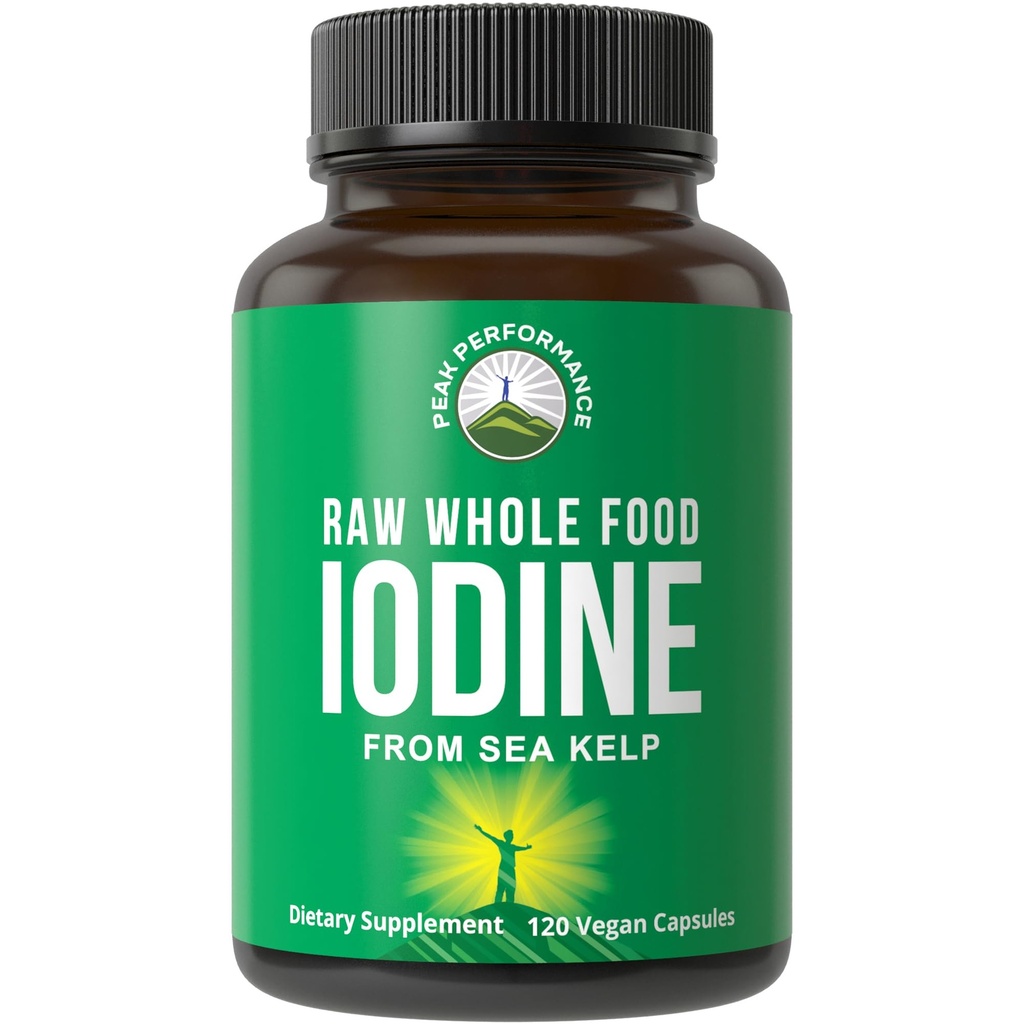 Raw Whole Food Iodine Supplement from Organic Kelp (Ascophyllum Nodosum) par Peak Performance. Tablettes de soutien à l'iodure de potassium pour le métabolisme, l'énergie et l'Immune. 120 gélules, pilules.