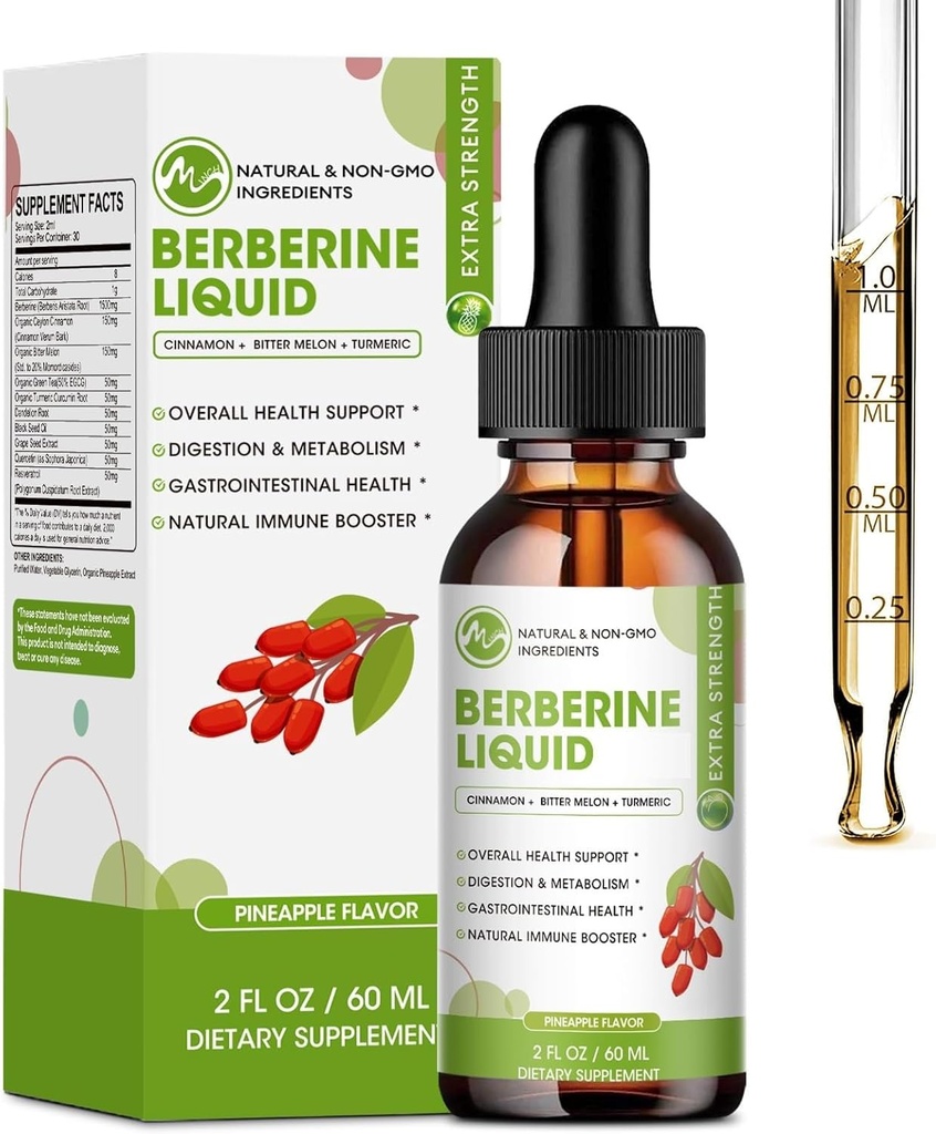 Berberine Ergänzung flüssige Tropfen, Berberine mit Ceylon Cinnamon, Turmeric, Resveratrol, Bitter Melon, & More-Extra Stärke Vegan Ergänzung, unterstützt Immunsystem & Verdauungssystem