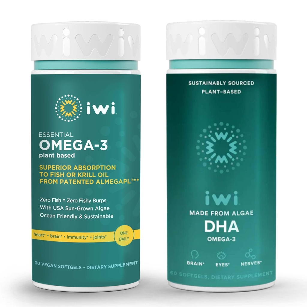 Iwi Omega-3 Essential & DHA Omega-3 Bundle, 30 Servierungen, Vegan pflanzenbasierte Algen Omega 3, Krill & Fisch Öl Alternative, keine Fishy Nachgeschmack