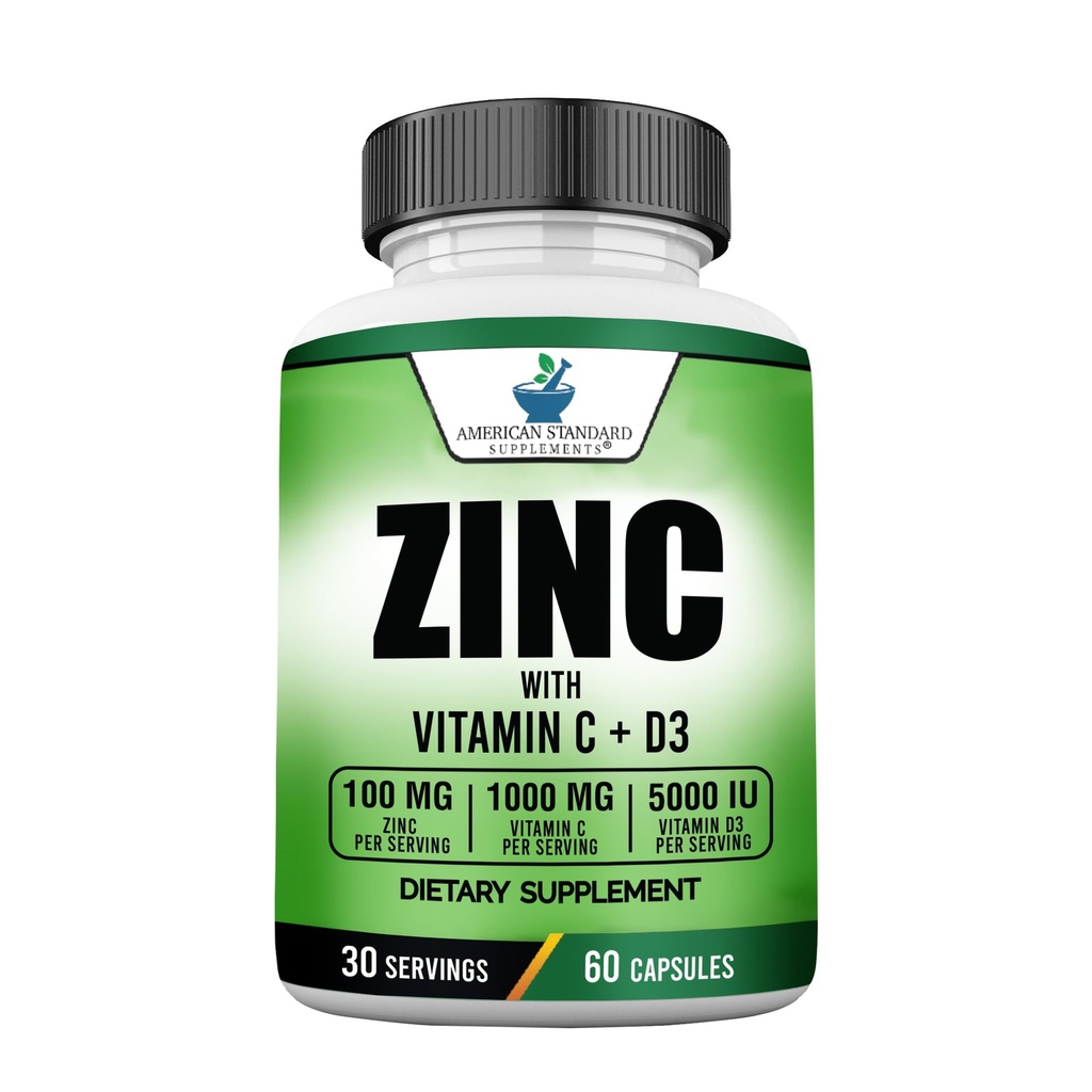 Amerikanische Standard-Ergänzungen Zink 100mg, Vitamin C 1000mg, und Vitamin D3 5000 IU (125mcg) Pro Servieren - Glutenfrei, Non-GMO, 60 Kapseln, 30 Portionen