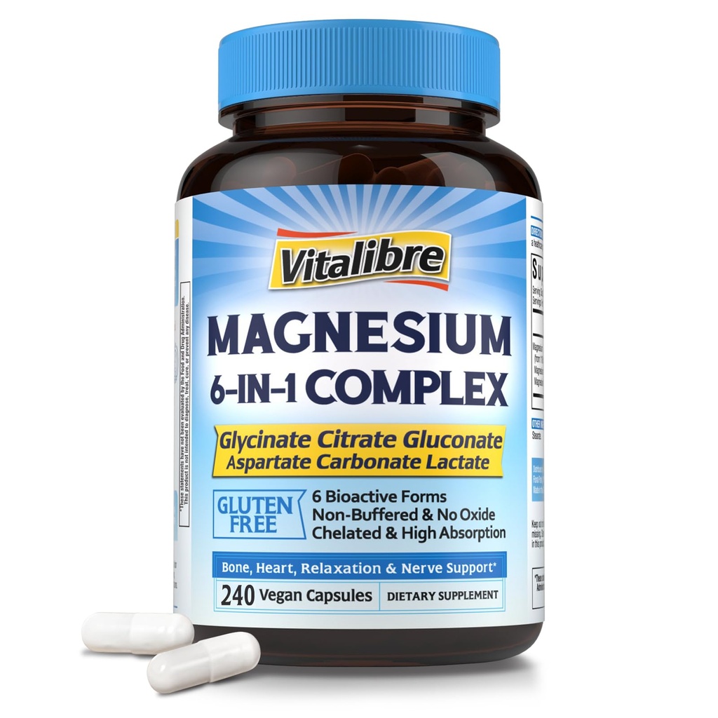 Magnesium Complex Supplement 6 in 1, 1160mg Chelat Magnesium für maximale Absorption, Hilfe mit besserem Schlaf, Entspannung & Nerve Calm, 240 Vegan Kapseln, Non GMO & Gluten kostenlos