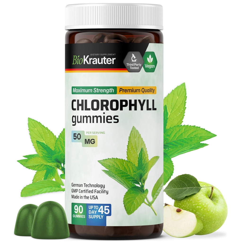 BIO KRAUTER Gommies de chlorophylle - 90 Chews - Suppléments de chlorophylle - Support naturel de la peau et de la détox - Vegan, base de pectine, non-OGM Chews