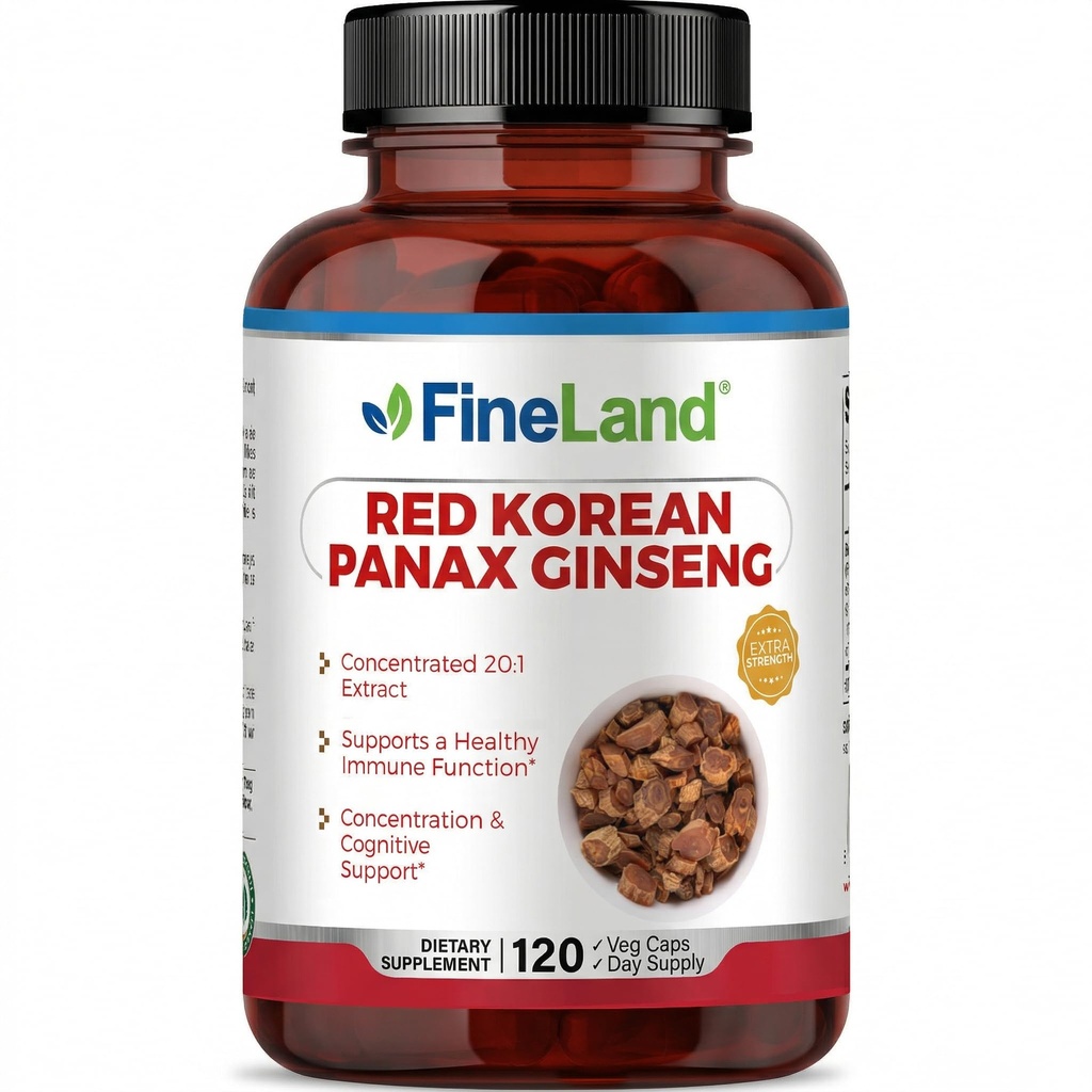 FineLand Red Korean Panax Ginseng 13,000 mg - Max Strength 20:1 Extrakt - Konzentrierte Immun- und Kognitive Unterstützungsergänzung für Männer & Frauen - 120 Veggie Kapseln
