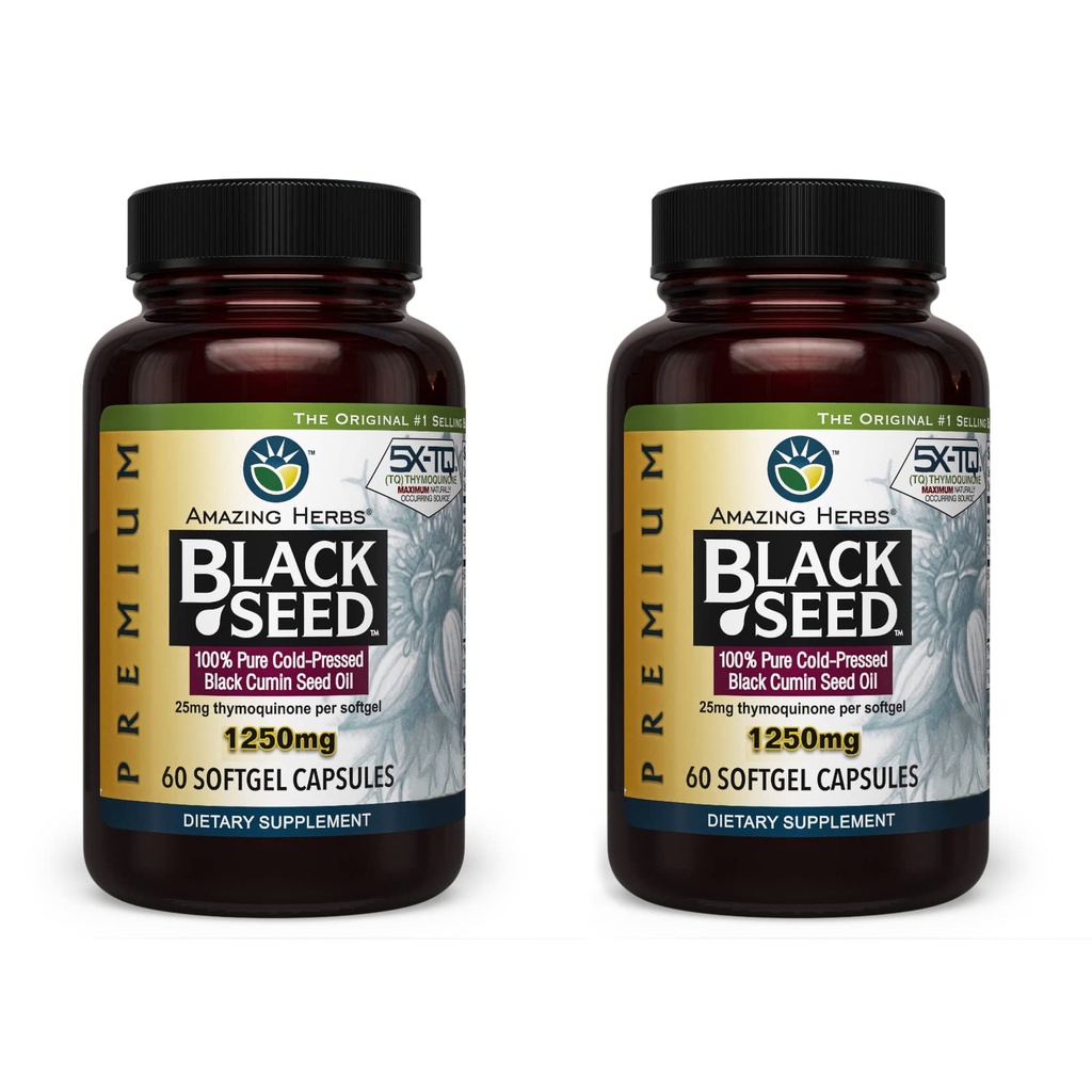 Erstaunliche Kräuter Premium Schwarz Samen Öl Kapseln - Hohe Potenz, kalt gepresst Nigella Sativa Aids in Verdauungs-Gesundheit, Immununterstützung & Gehirn Funktion - 60 Count, 1250mg (Pack von 2)