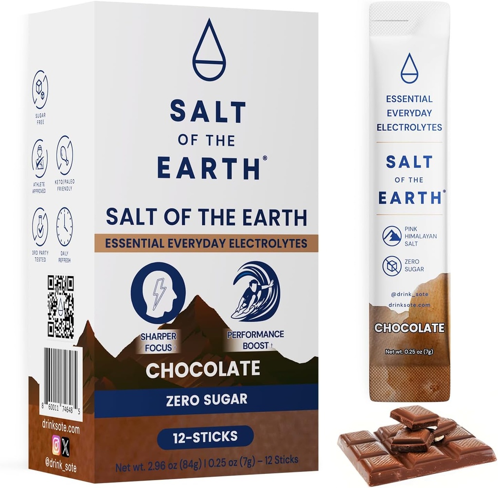 Salz der Erde Premium Zero-Sugar Elektrolyt - Hergestellt mit Rosa Himalayan Salz - Hydration Pulver Pakete | Premium Zutaten | Keto & Paleo Friendly | 12 Sticks, Schokolade