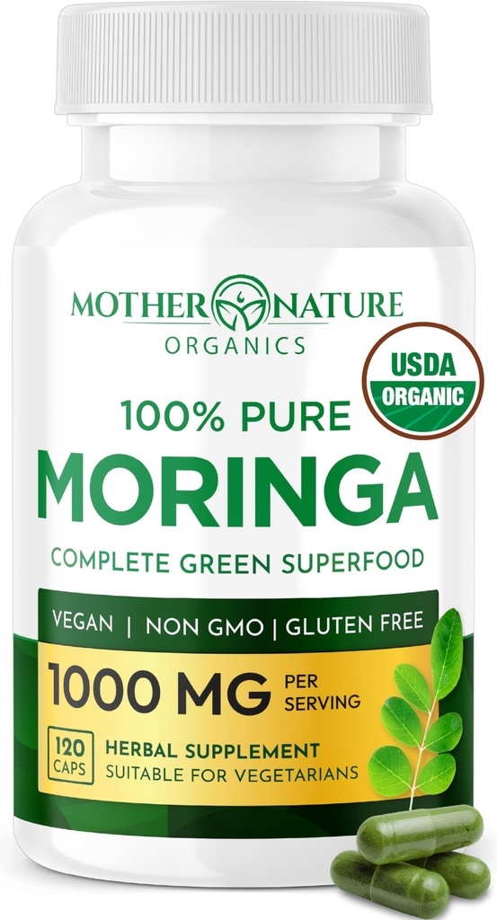 Mother Nature Organics Moringa Capsules – Poudre de feuille de Moringa biologique, d'origine unique, soutien énergétique et immunitaire, métabolisme, focus, vitamine C – végétalien, 500mg, 120 capsules